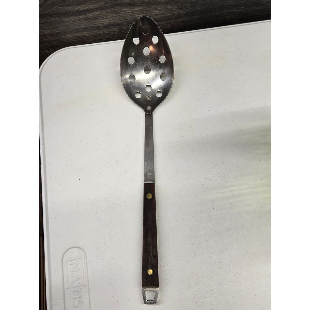 Vintage Nevco Stainless Steel Slotted Serving Spoon Wood Handle Japan 12‎ inch